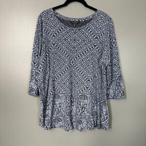Lucky Brand Blue Boho Floral Paisley Print Casual Top - 1X - Women's Plus Size